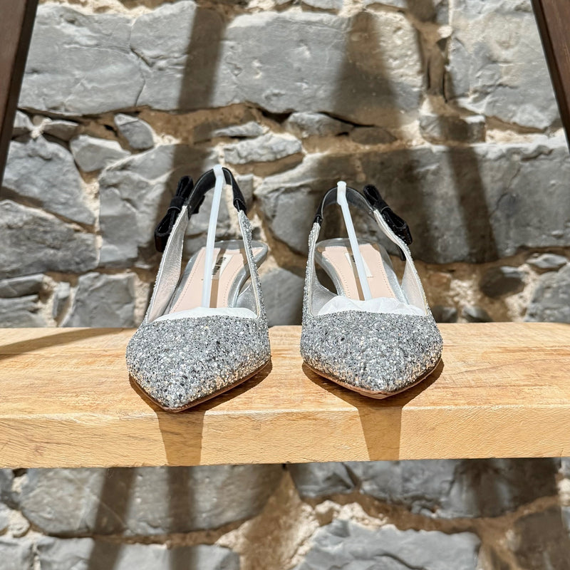Miu Miu Silver Glitter Slingback Bow Pumps