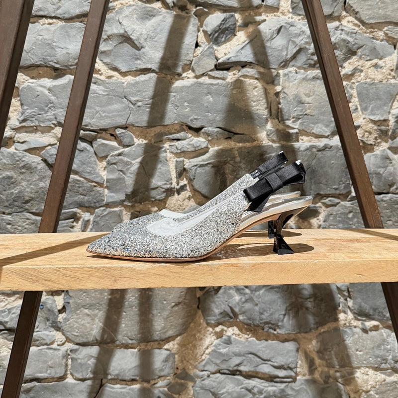 Miu Miu Silver Glitter Slingback Bow Pumps