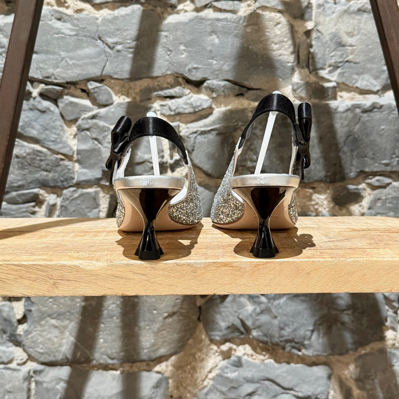 Miu Miu Silver Glitter Slingback Bow Pumps