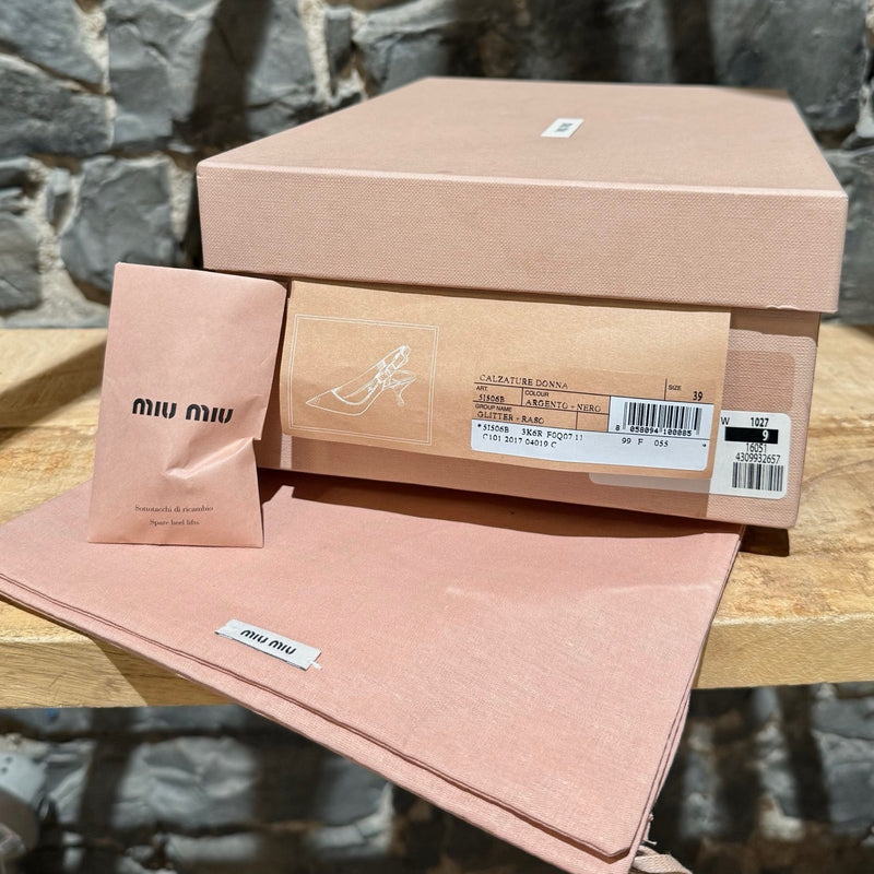 Miu Miu Silver Glitter Slingback Bow Pumps