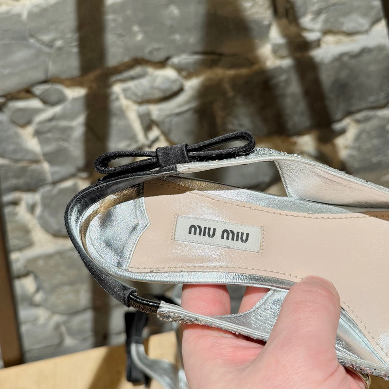 Miu Miu Silver Glitter Slingback Bow Pumps