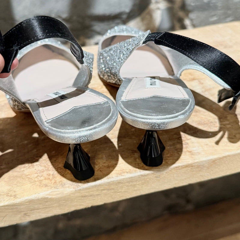 Miu Miu Silver Glitter Slingback Bow Pumps