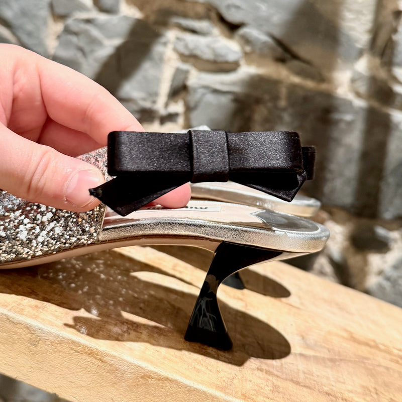 Miu Miu Silver Glitter Slingback Bow Pumps