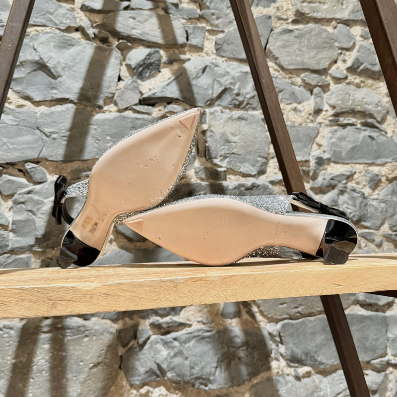 Miu Miu Silver Glitter Slingback Bow Pumps