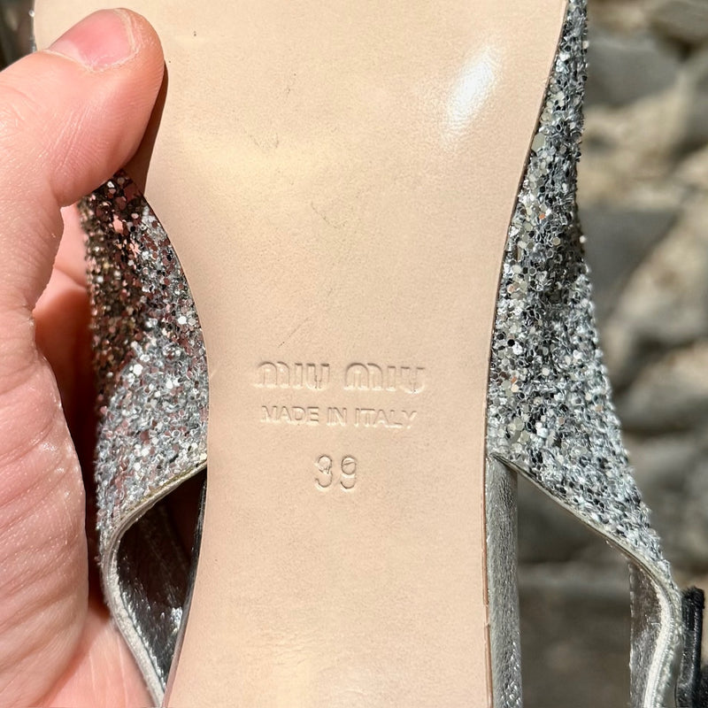 Miu Miu Silver Glitter Slingback Bow Pumps