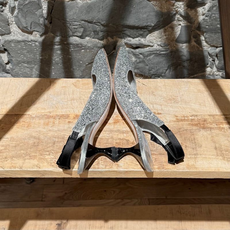 Miu Miu Silver Glitter Slingback Bow Pumps