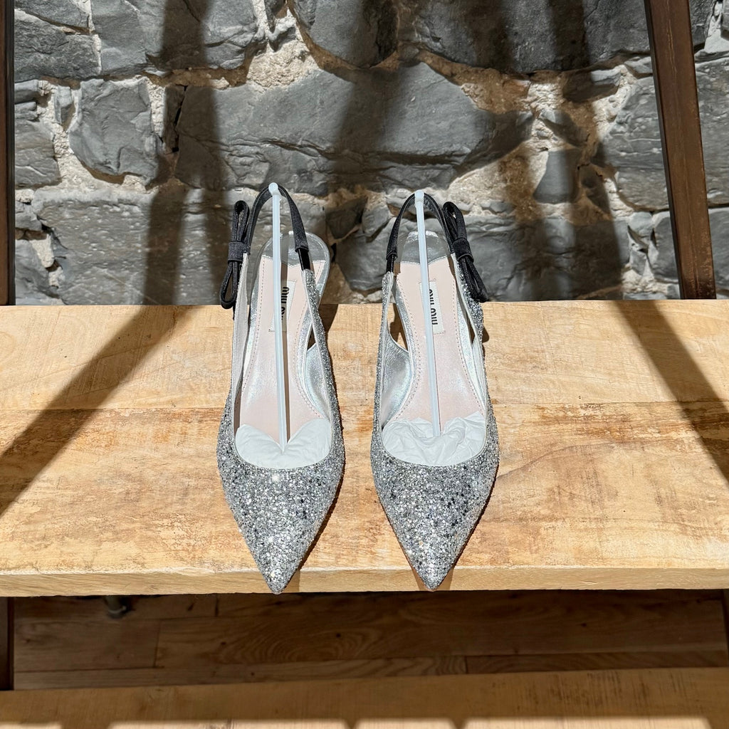 Miu Miu Silver Glitter Slingback Bow Pumps