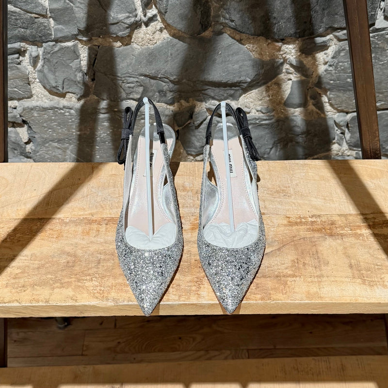 Miu Miu Silver Glitter Slingback Bow Pumps
