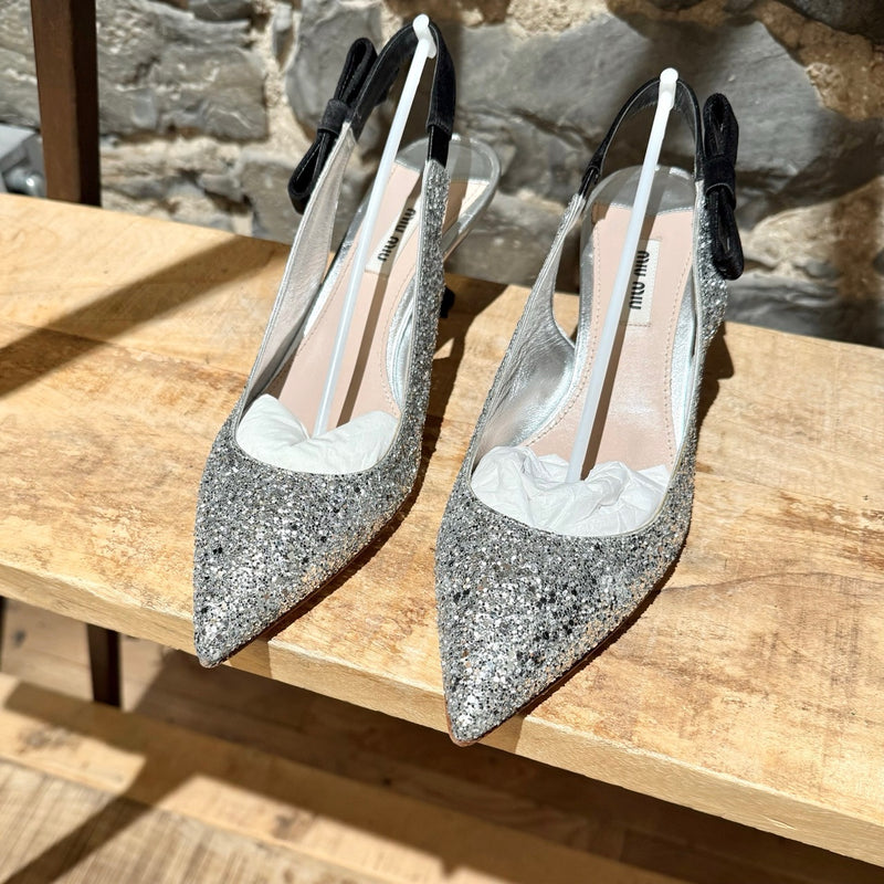Miu Miu Silver Glitter Slingback Bow Pumps