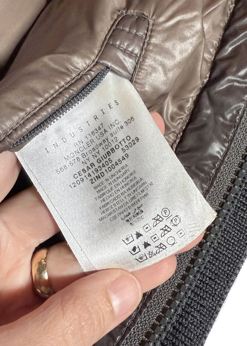 Care label of Moncler Cesar Taupe Down Wool Insert Buttoned Jacket