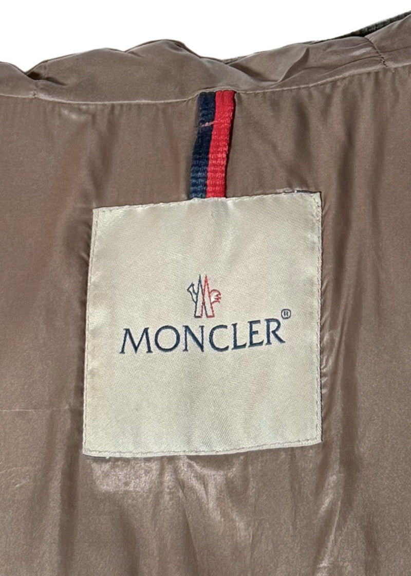 Branded label of Moncler Cesar Taupe Down Wool Insert Buttoned Jacket