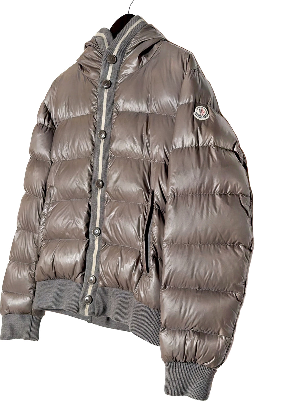 front side angle of Moncler Cesar Taupe Down Wool Insert Buttoned Jacket