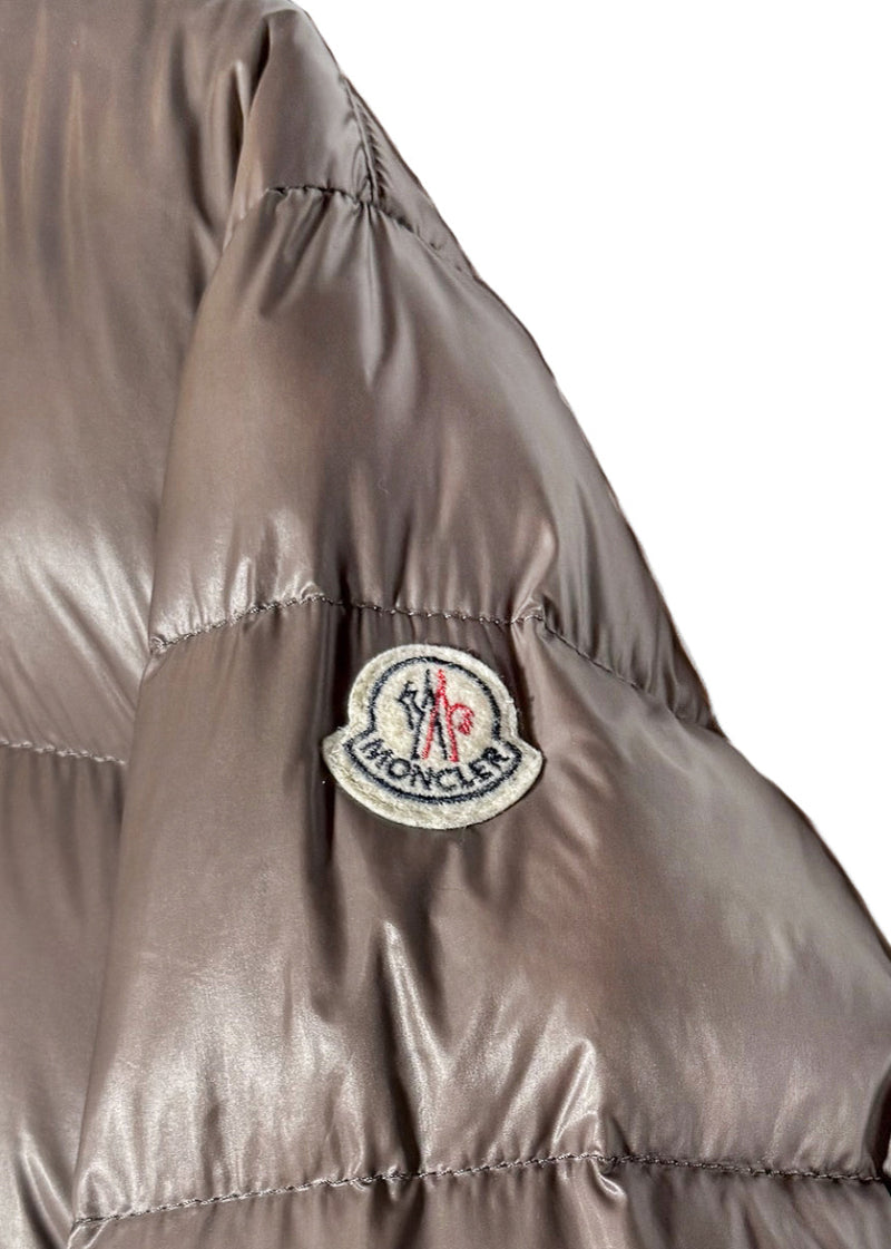 Sleeve logo patch of Moncler Cesar Taupe Down Wool Insert Buttoned Jacket