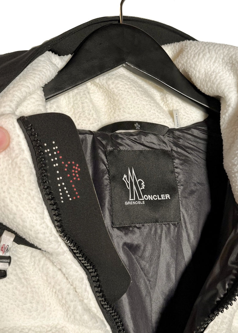Collar area of Moncler Grenoble Ivory Fleece Maglia Cardigan Puffer Coat