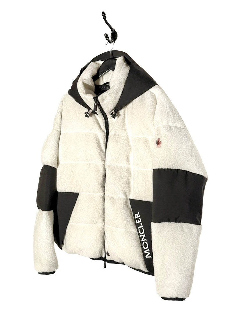 Side front view of Moncler Grenoble Ivory Fleece Maglia Cardigan Puffer Coat