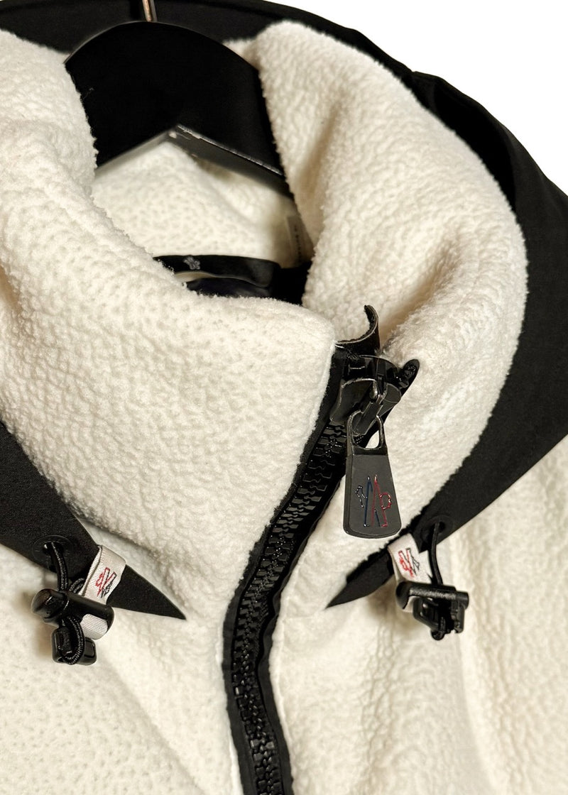 Collar area of Moncler Grenoble Ivory Fleece Maglia Cardigan Puffer Coat