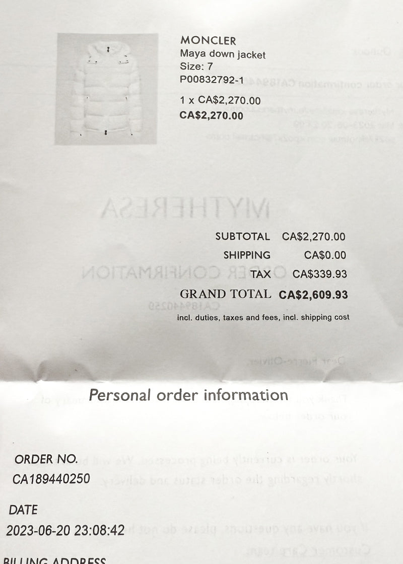 Purchase receipt of Moncler White Maya Down Puffer Coat