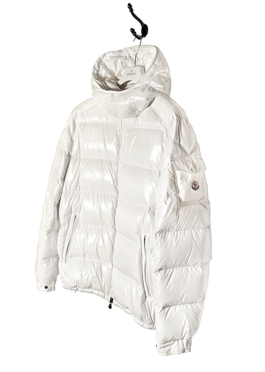 Side front view of Moncler White Maya Down Puffer Coat