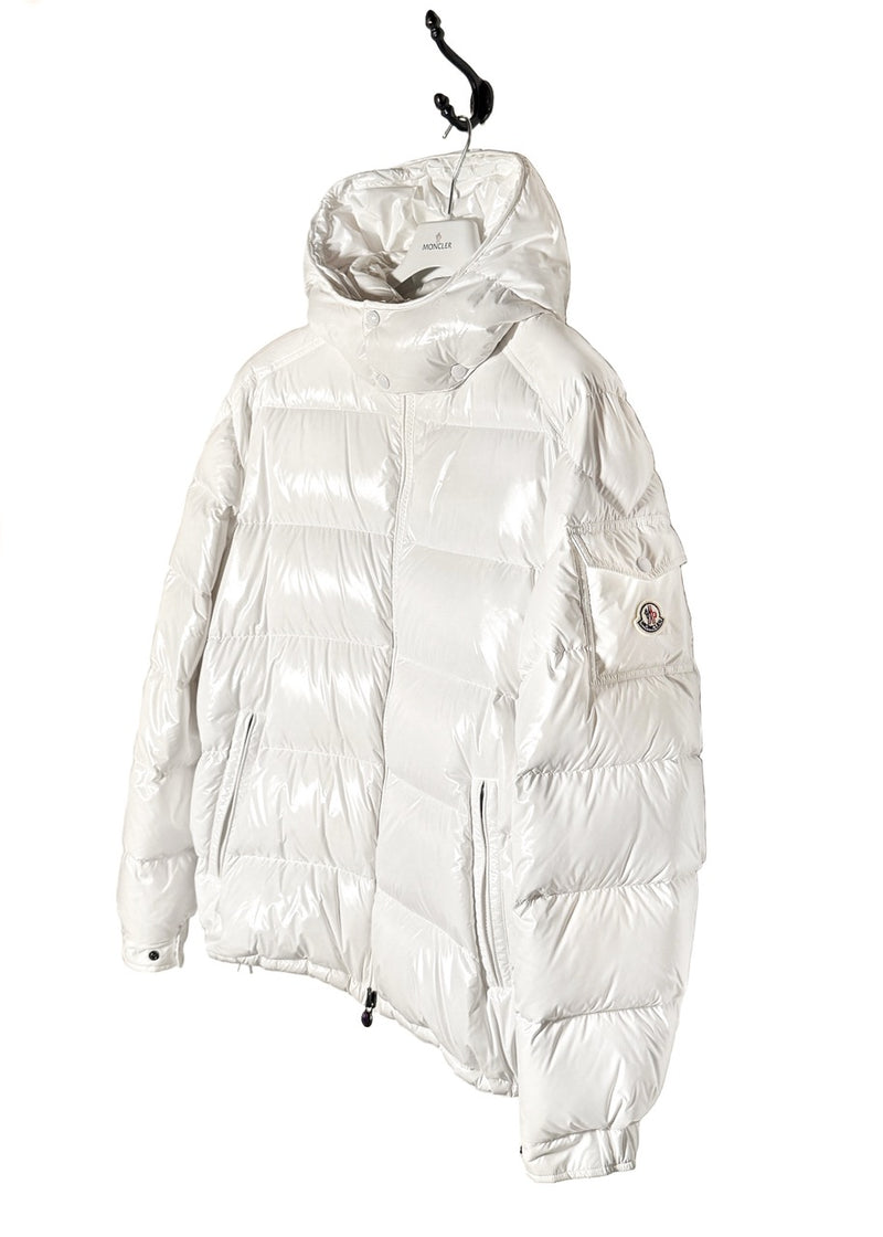 Side front view of Moncler White Maya Down Puffer Coat