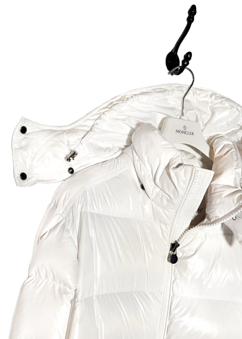 Collar area of Moncler White Maya Down Puffer Coat
