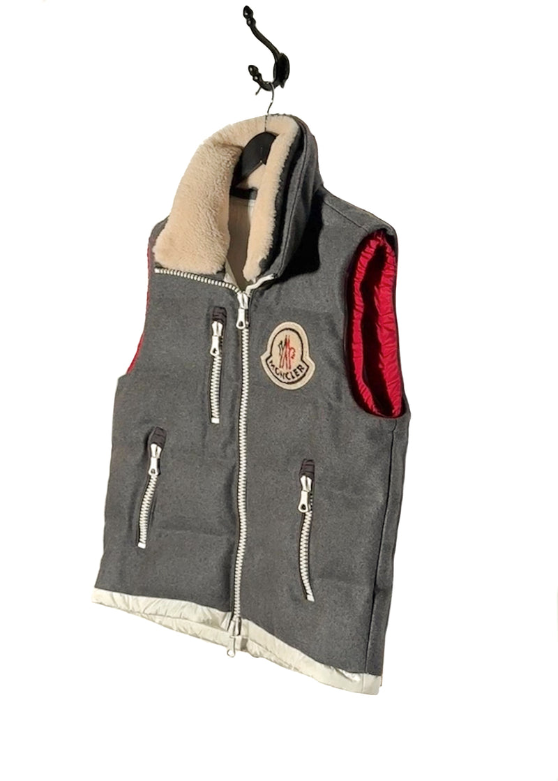 Side front view of Moncler X Ami Bastien Grey Flannel Shearling Collar Down Vest