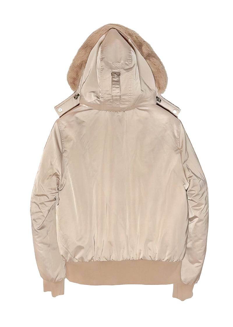 Back of Moose Knuckles Beige Tan Debbie Bunny Reversible Bomber Jacket