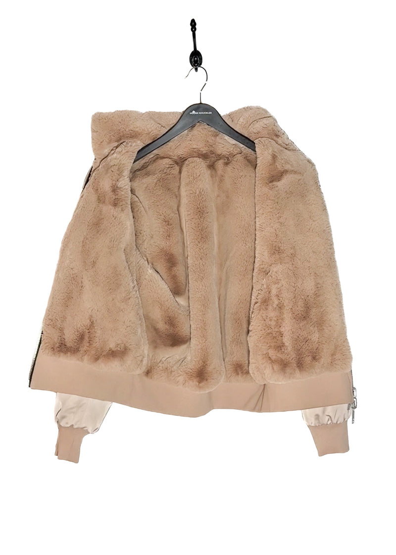 Interior of Moose Knuckles Beige Tan Debbie Bunny Reversible Bomber Jacket