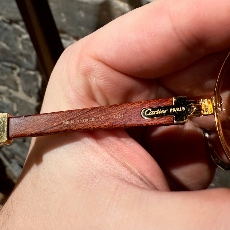 Must de Cartier Vintage Giverny Gold Plated Round Bubinga Wood Sunglasses