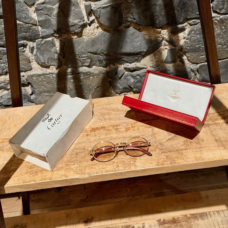 Must de Cartier Vintage Giverny Gold Plated Round Bubinga Wood Sunglasses
