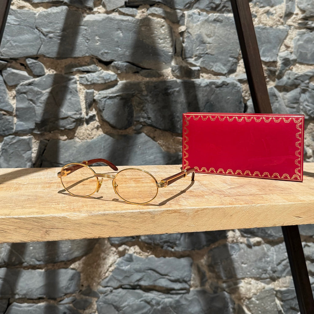 Must de Cartier Vintage Giverny Gold Plated Round Bubinga Wood Sunglasses