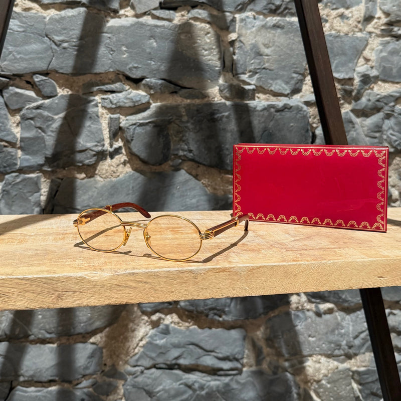 Must de Cartier Vintage Giverny Gold Plated Round Bubinga Wood Sunglasses