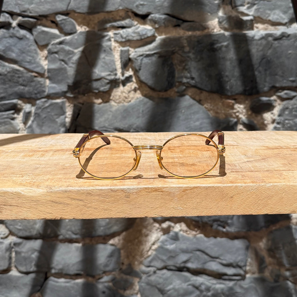 Must de Cartier Vintage Giverny Gold Plated Round Bubinga Wood Sunglasses