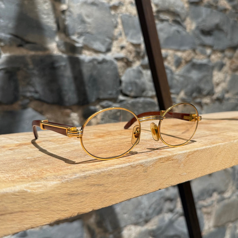 Must de Cartier Vintage Giverny Gold Plated Round Bubinga Wood Sunglasses
