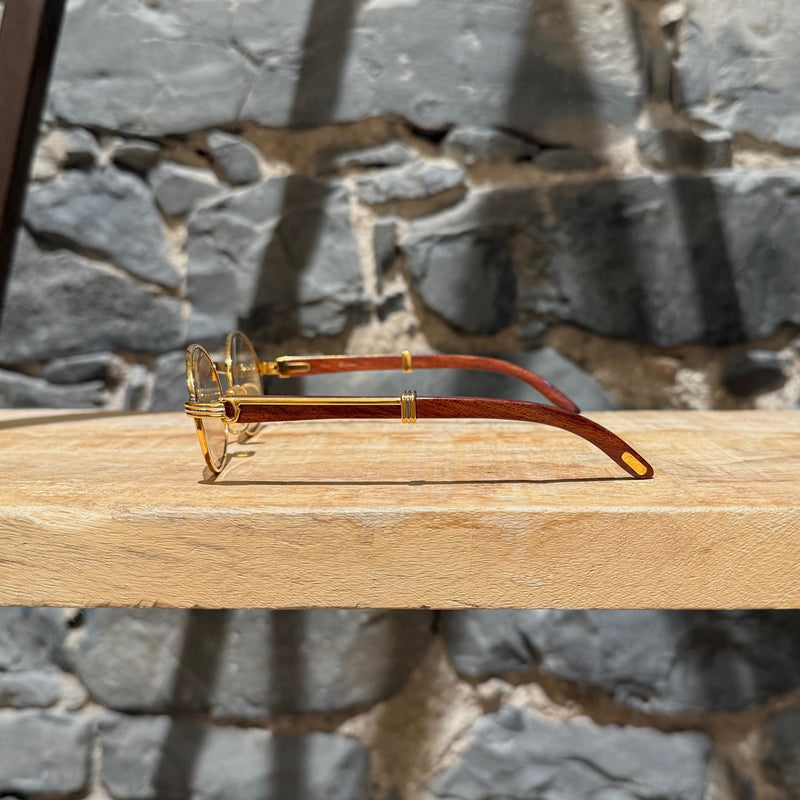 Must de Cartier Vintage Giverny Gold Plated Round Bubinga Wood Sunglasses
