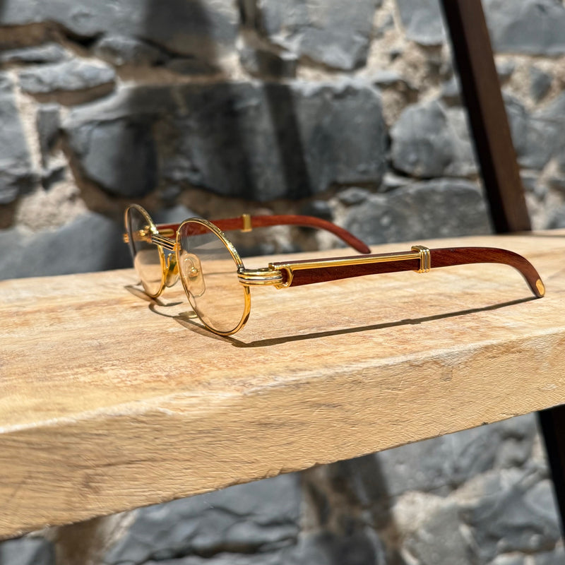 Must de Cartier Vintage Giverny Gold Plated Round Bubinga Wood Sunglasses