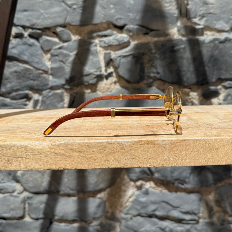 Must de Cartier Vintage Giverny Gold Plated Round Bubinga Wood Sunglasses