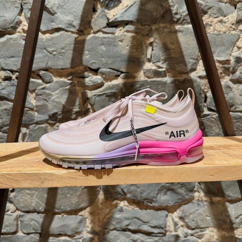 A side view of Nike X Off-White The Ten Elemental Rose Serena Queen Air Max 97 OG Sneakers