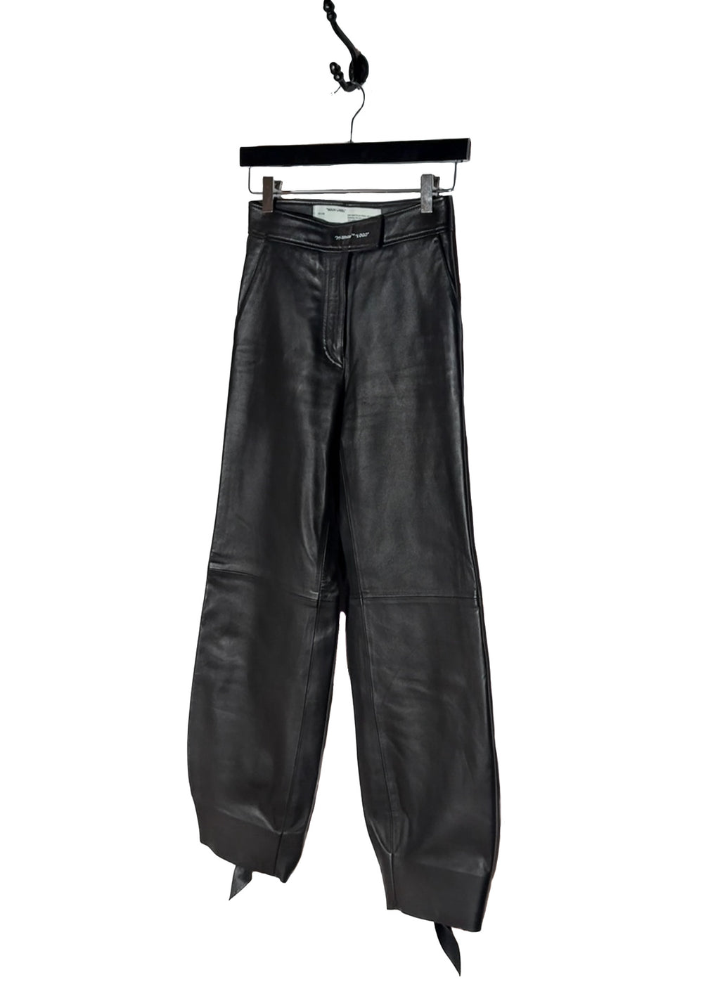 Front side of Off-White Black Leather Tied Ankle Pants