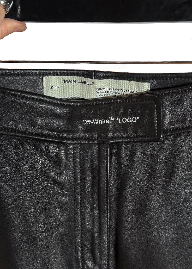 Branded waistband labeling of Off-White Black Leather Tied Ankle Pants