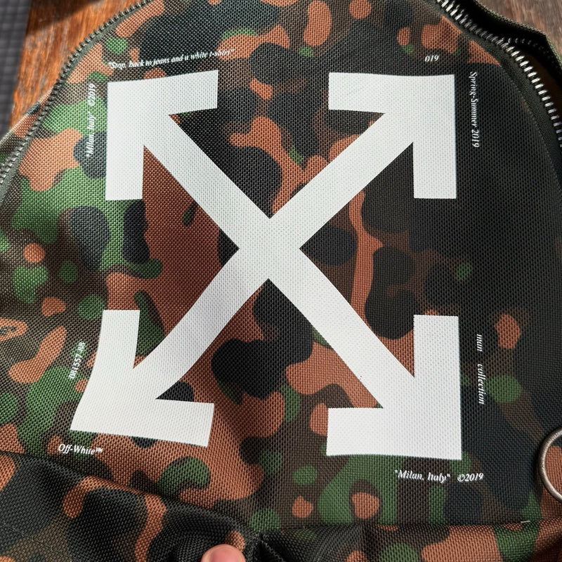 Brand detail on Off-white Green Camouflage Arrow Print Backpack