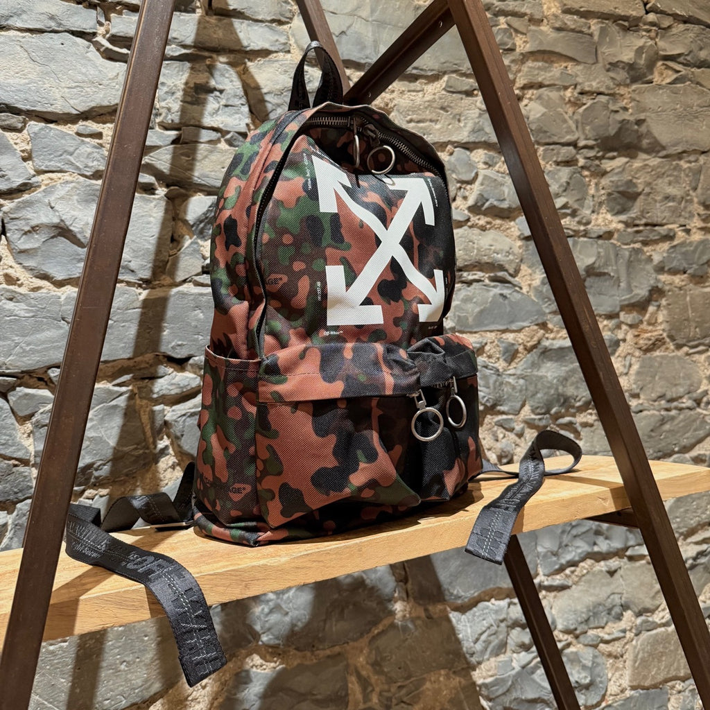 Side front view of Off-white Green Camouflage Arrow Print Backpack