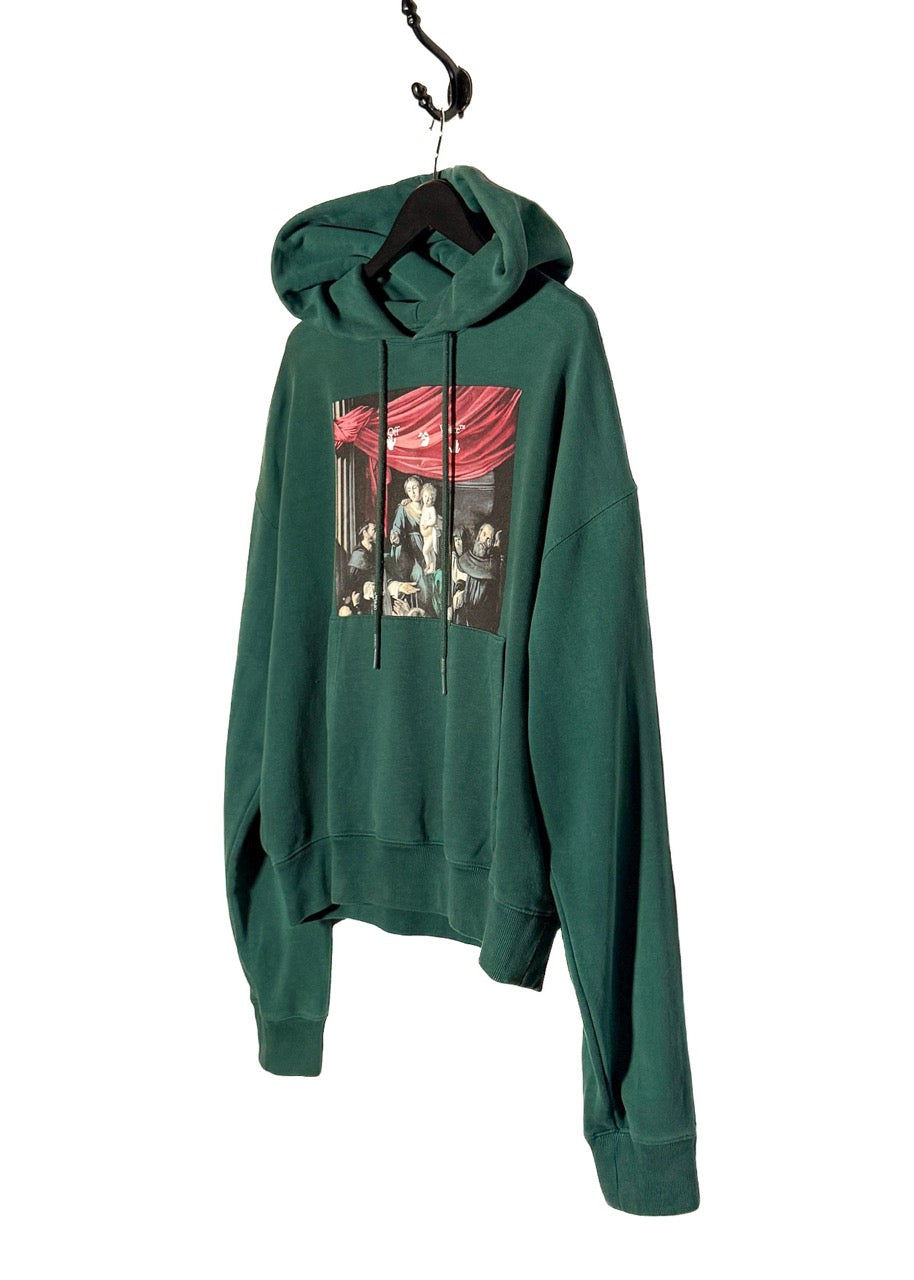 Side front view of Off-White Green Caravaggio Print Hoodie