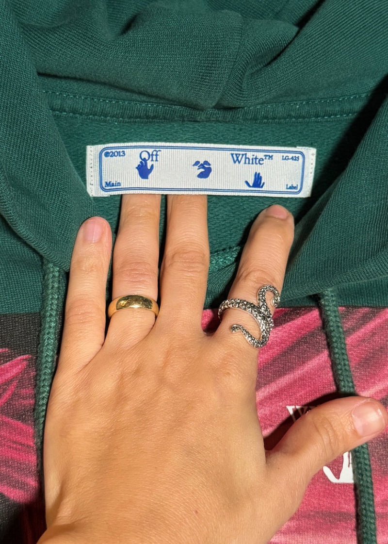 Collar area of Off-White Green Caravaggio Print Hoodie