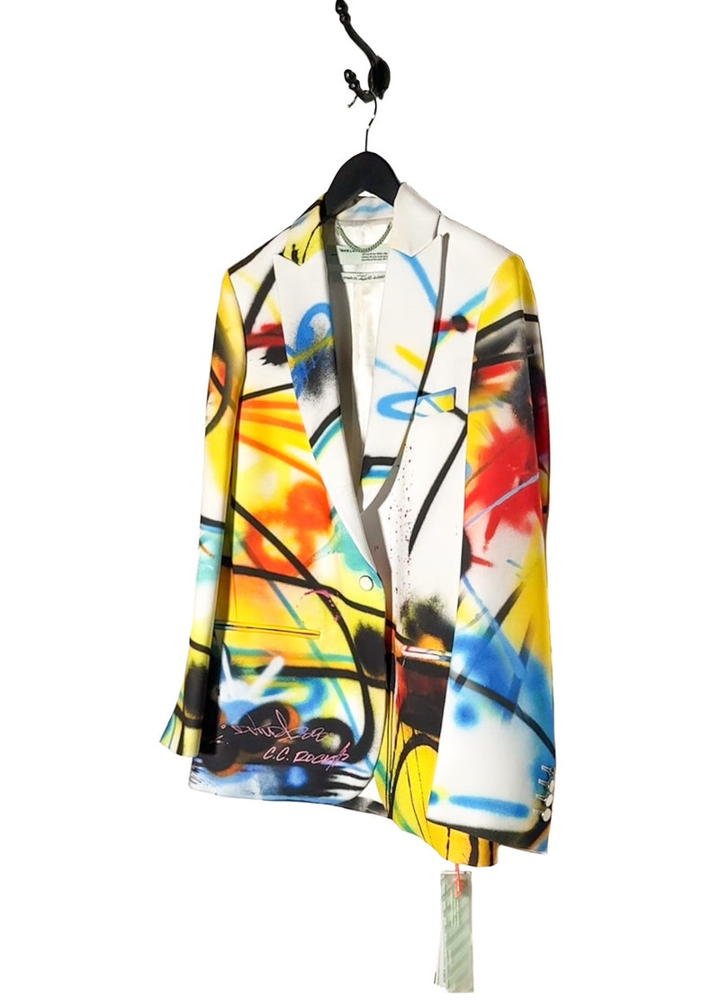 Side front view of Off-White SS20 Runway Futura Tomboy Spray Oversized Blazer Jacket