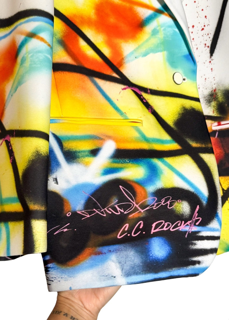 Close-up on Off-White SS20 Runway Futura Tomboy Spray Oversized Blazer Jacket