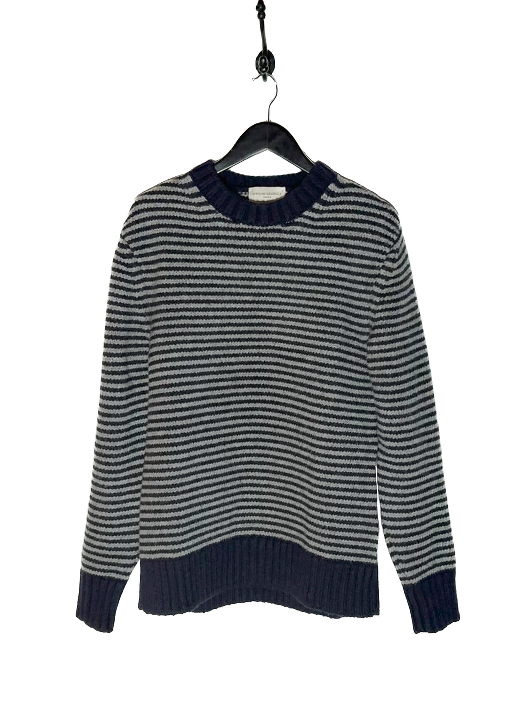 Main photo of Officine Generale Navy Blue Grey Striped Wool Blend Sweater