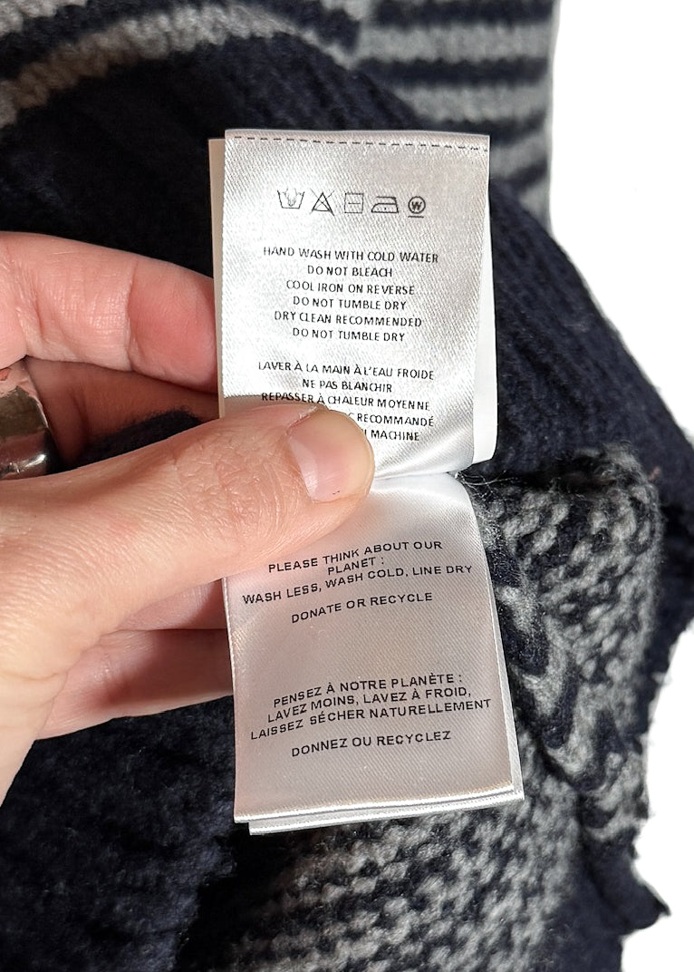 Care label of Officine Generale Navy Blue Grey Striped Wool Blend Sweater