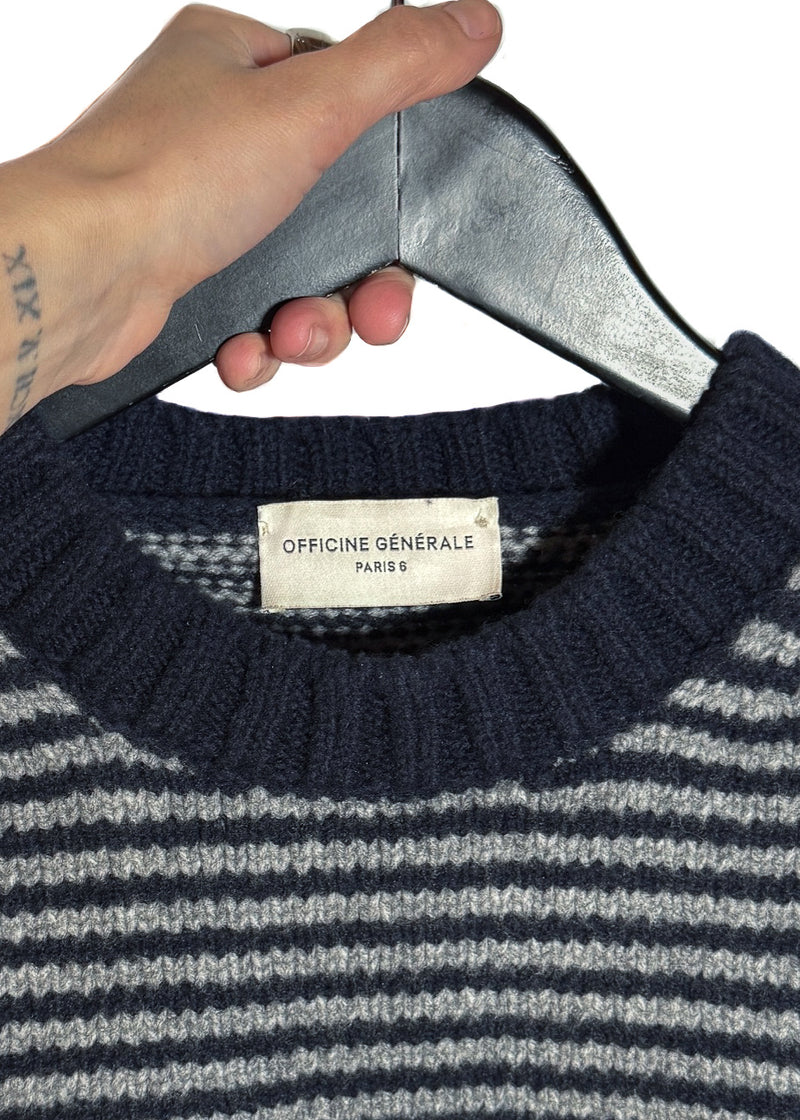 Collar and brand label of Officine Generale Navy Blue Grey Striped Wool Blend Sweater