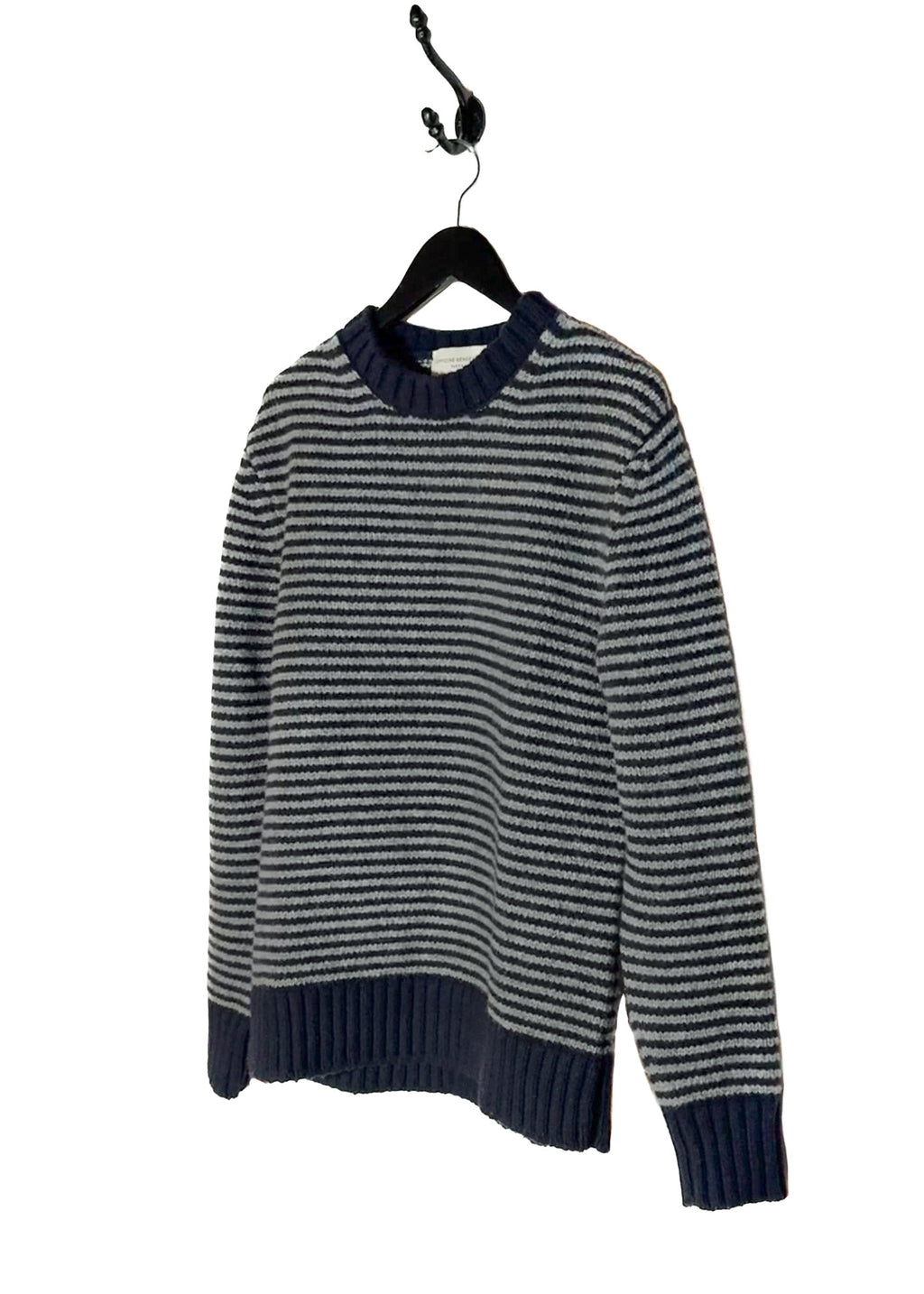 Front side of Officine Generale Navy Blue Grey Striped Wool Blend Sweater