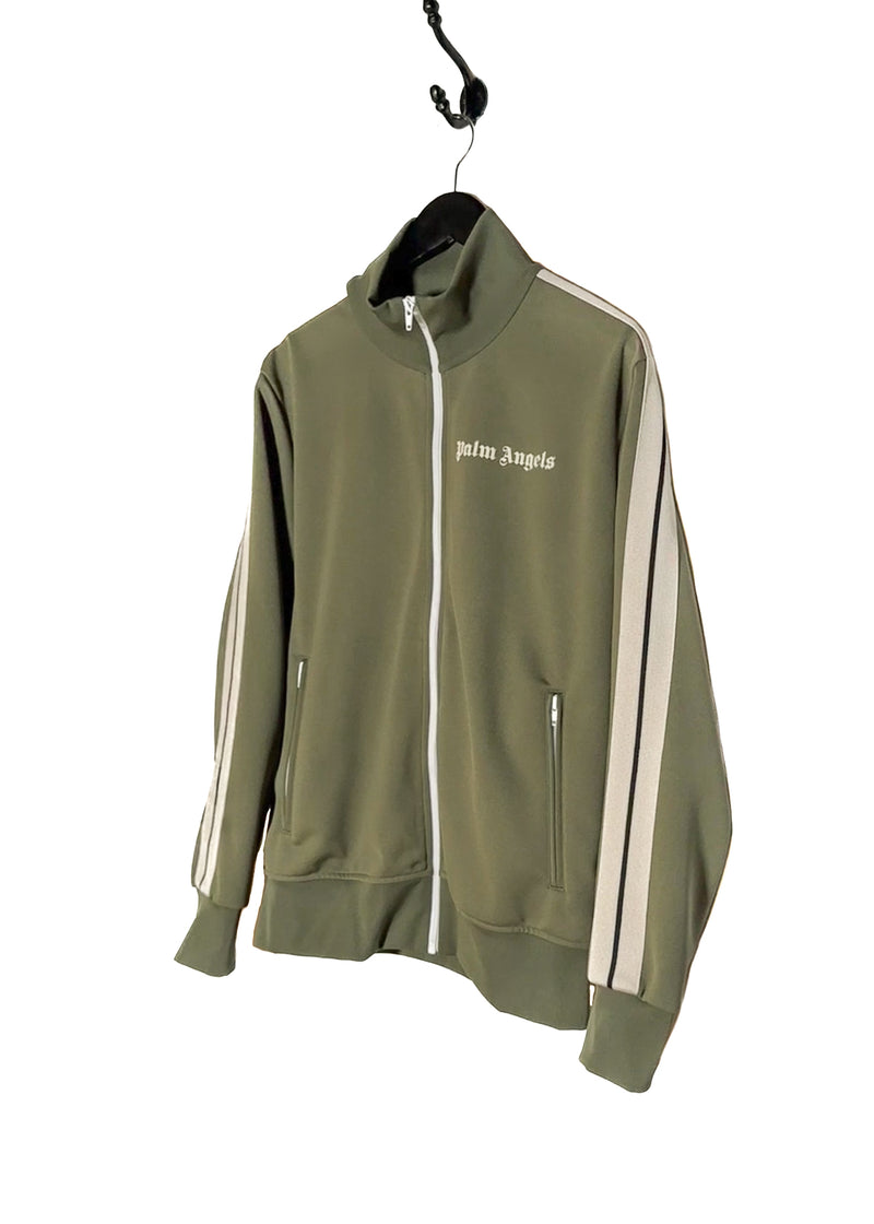 Front side of Palm Angels Khaki Green Logo Track Sweater